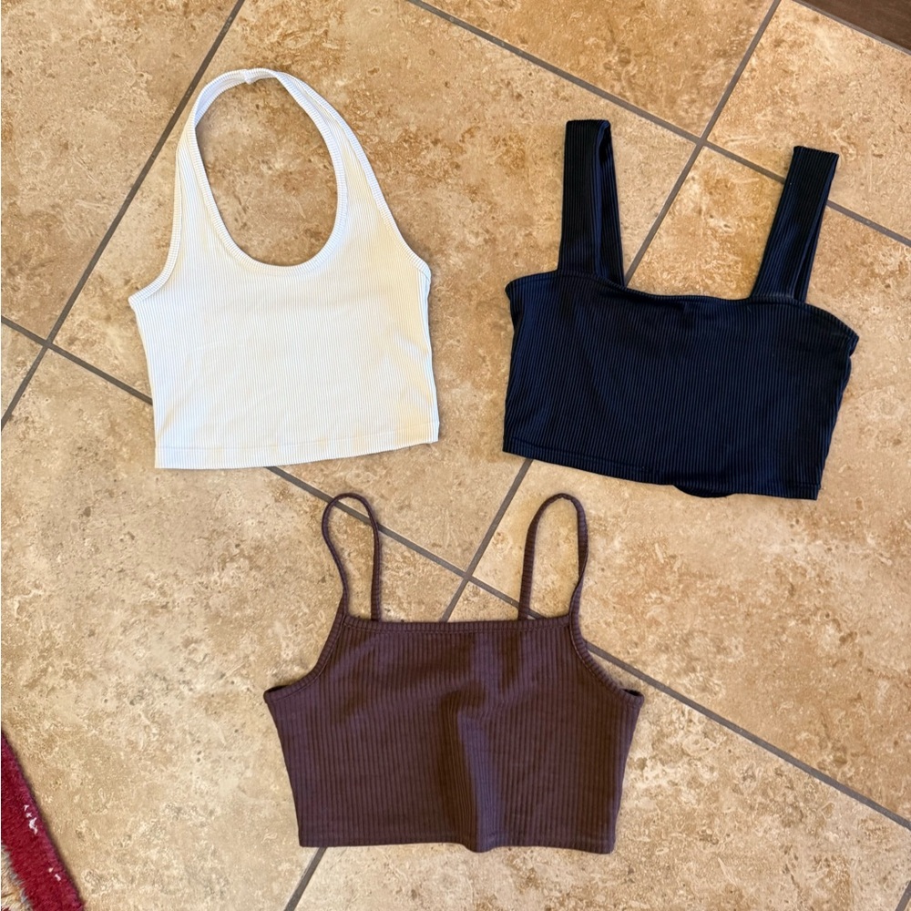 THREE (3)- DIVIDED Ribbed Crop Tops - Cream (halter), Brown, Black